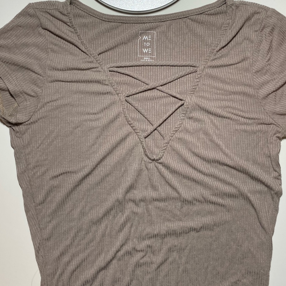 Me to We Taupe Criss Cross V Neck Top